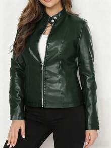 Chaqueta de PU con cierre de cremallera, estilo motero, de manga larga y unicolor, de moda y casual, adecuada para primavera, otoño e invierno - Verde Oscuro - Ver 3