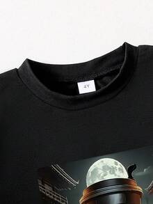 Young Boy Cartoon Print Round Neck Short Sleeve Tee And Cargo Pants Set - Black - View 4