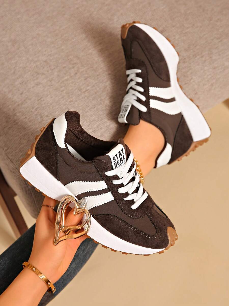 Women's Lightweight Running Sneakers - Lace-Up Closure, Multi-Functional Flat Sole, Breathable Fabric & Faux Leather Material - Coffee Brown - View 1