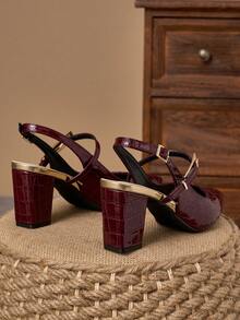 WHDXY Burgundy Crocodile Embossed Chunky Heel Pointed Toe High Heels, Women's Shoes With Lace-Up Design, Fashionable For Daily Wear, Work, And Parties - Màu Đỏ Sâu - Xem 3