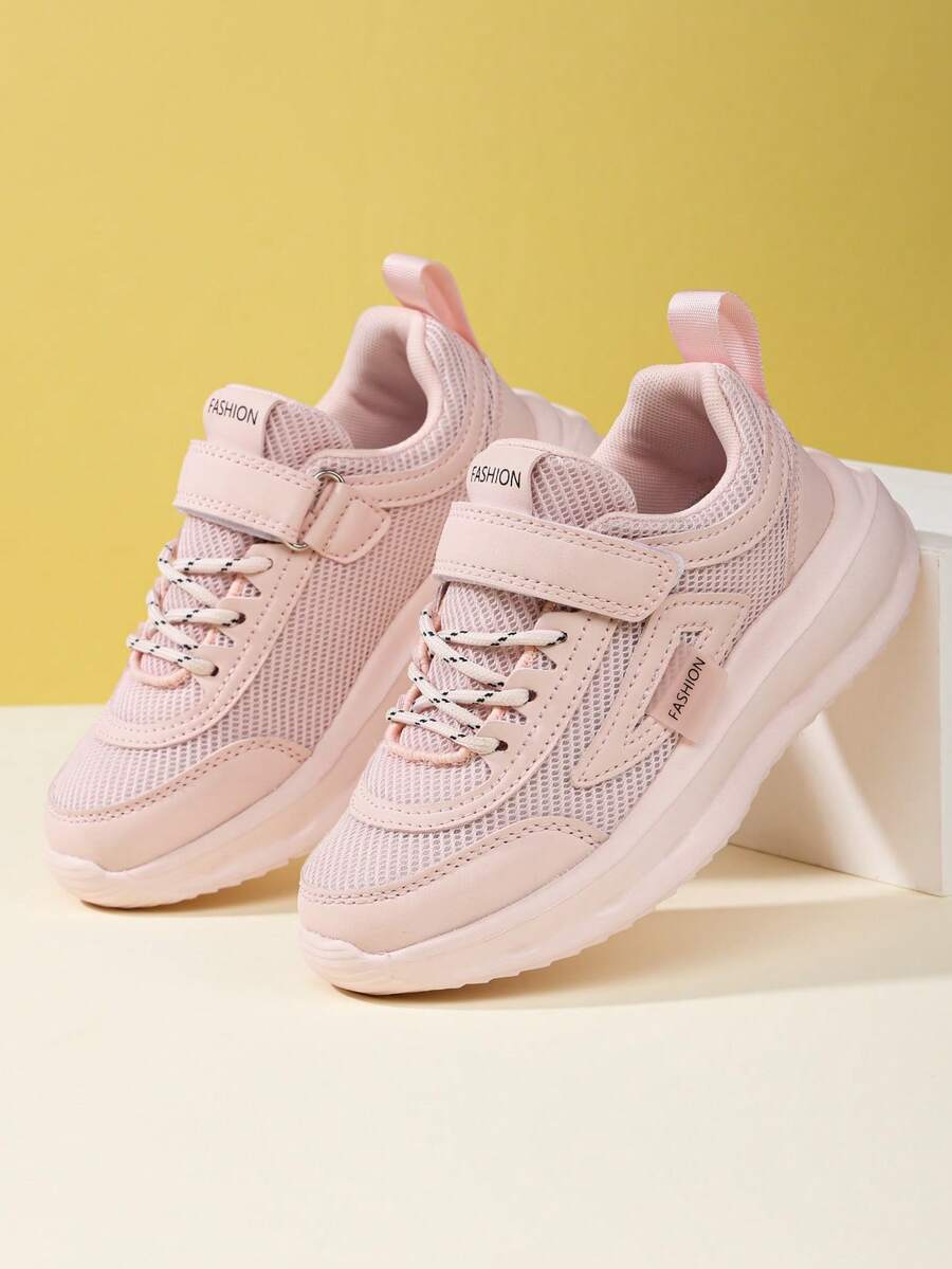 1 Pair Girls' Pink Mesh Breathable Casual Sneakers, Soft Sole Lightweight Running Shoes With Hook And Loop Design, Easy On/Off - Pink - View 1