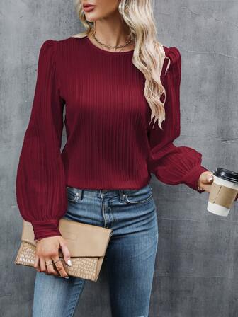 White Textured Striped Crew Neck Bishop Sleeve Blouse, Women Autumn