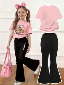 Toddler Girls' Cartoon Print Short Sleeve Top And Skinny Flared Pants Set - Pink - View 2