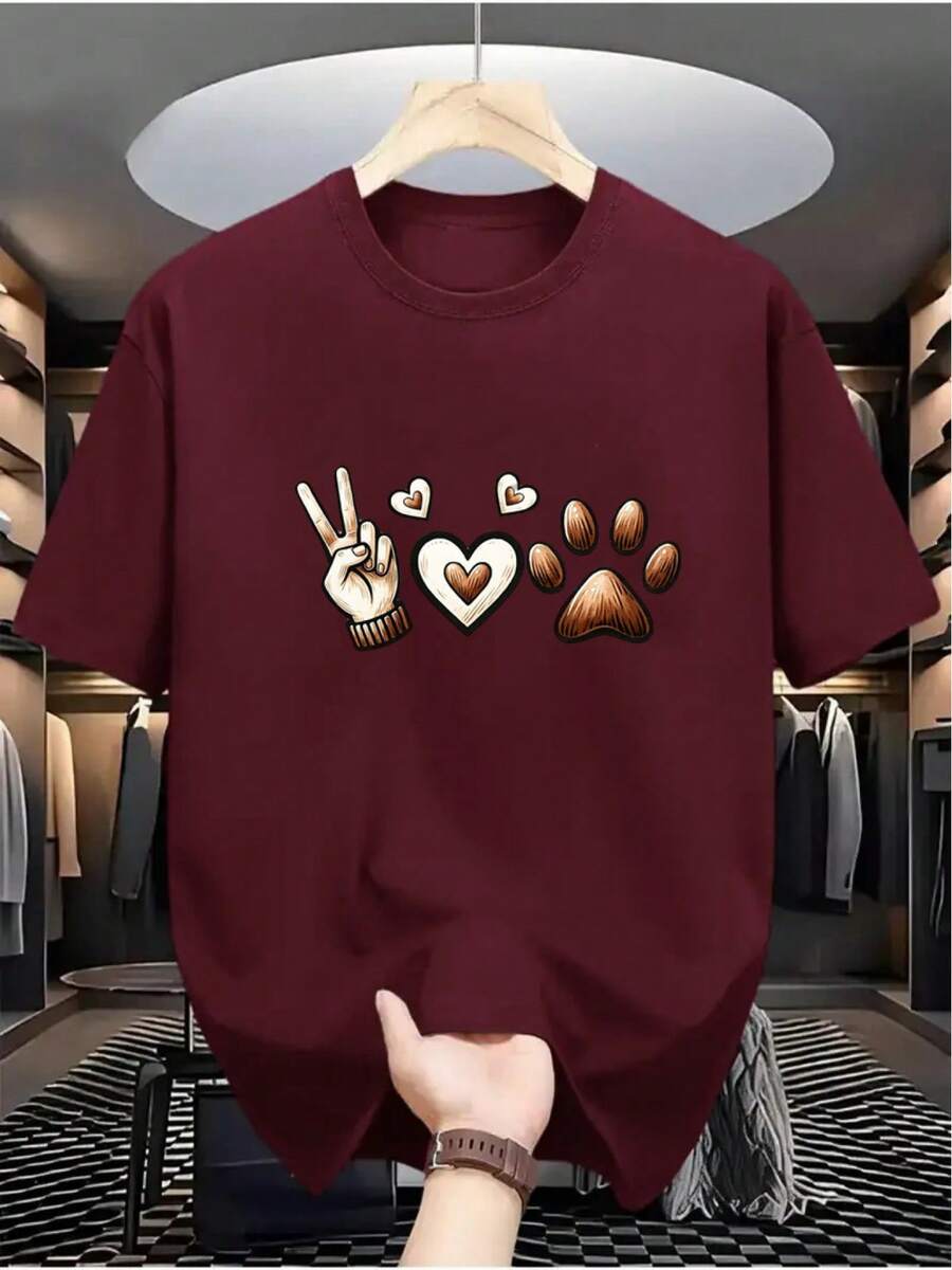 Men's T-Shirt, 100% Premium Cotton, Short Sleeve, Love Paw Print, Pet Dog Design, Stylish, Crew Neck, Plain, Casual Fashion. - 紫紅色 - 查看 1