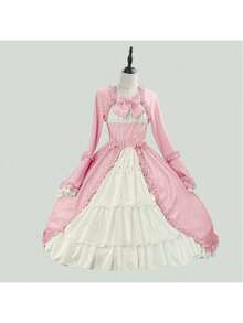 European And American Medieval Retro Gothic Court Dress With Square Collar, Waist Cinched, And Spliced Bow Tie Dress, Lolita Costume - 粉色 - 查看 5