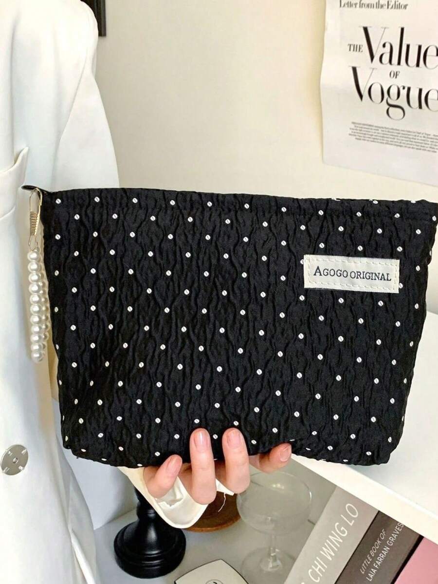 1 Piece, Velvet Fabric With Polka Dot Decoration And Diamond Pattern. It Is A Fluffy And Soft Women's Cosmetic Bag, A Travel Zippered Cosmetic Pouch, A Storage Bag, A Cute Toiletries Bag, A Large-Capacity Cosmetics Organizer Box, A Cosmetics Storage Box , Makeup Room Decor,Makeup Bag,Travel Essential - Multicolor - View 1