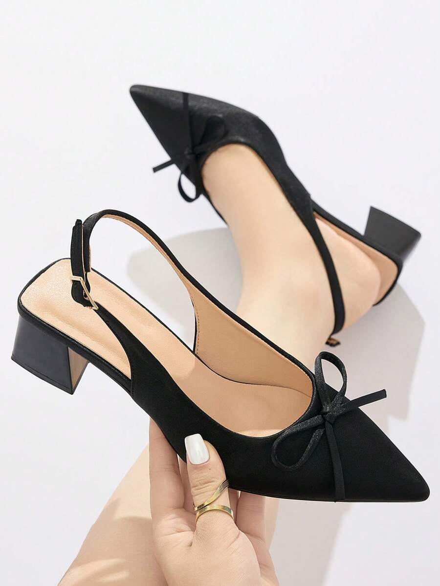 Giày cao gót hở mũi, mũi kín, hở gót, có nơ trang trí cho nữ, giày cao gót đế thô thoải mái, phù hợp cho trang phục hàng ngày, tiệc tùng, đám cưới, những dịp trang trọng, thích hợp cho mùa thu/đông, màu đen