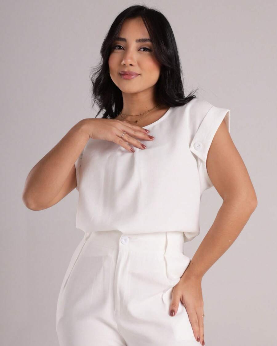 Women's Tailored Blouse With Buttons And Round Neck - White - View 1