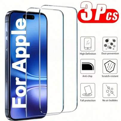 3片装智能手机防摔钢化玻璃屏幕保护膜，兼容 17 Pro Max / 17 Pro / 17 Air / 17 / 16 / 15 / 14 / 13 / 12 / 11 / XR / XS / X / 7 / 8，高清透明，无气泡，防刮花，全屏覆盖。另有其他类型的屏幕保护膜可供选择。