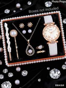 SOKI 一款复古法式女士腕表套装，包含时尚项链、戒指、耳环和发夹，均饰以闪耀的宝石点缀。搭载优雅时尚的石英机芯，搭配精致设计的指针，适合日常佩戴、晚宴及特殊场合。经典珠宝配饰 | 精致细节