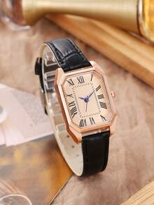 1pc Casual Elegant Fashion Business Rectangular Roman Scale Dial Bamboo Strap Watch, Suitable For Daily Matching, Birthday, Anniversary Gifts, Etc. - Black - View 3