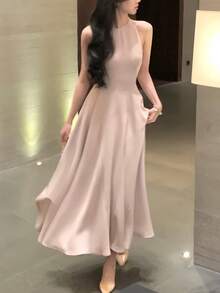 无袖A字连衣裙，优雅休闲夏季女装，适合音乐会、派对、生日等场合，纯色时尚长裙，春季新款粉色 - 粉色 - 查看 9