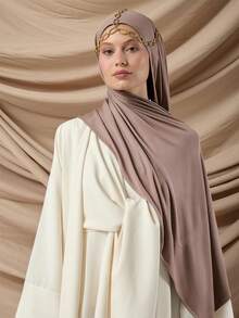 1pc Women's Simple Classic Solid Color Elegant Casual Edged Scarf, Premium Knit Fabric Viscose Jersey Hijabs Scarf, Long Turban Style Headscarf, Suitable For Daily Life, Outings And Gatherings - Brown - View 3