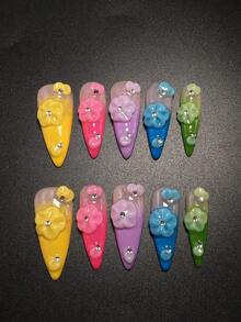 Each Set Consists Of 10 Pieces Of Handmade Acrylic Nail Plates For Y2K High Heels, Designed In French Style With Rhinestones, Stripes, Spots, And Petal Decorations, Available In Multiple Tones And Nude Colors. 3 Sizes To Fit, Suitable For Parties, Dances, And Daily Wear, Comes With A Nail Kit, Making It An Ideal Press On Nails Gift For Ladies And Girls. - Multicolor - View 2