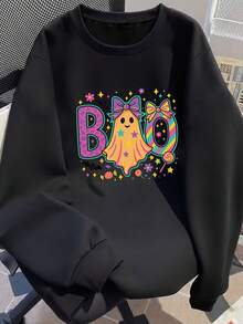 Sudadera de cuello redondo de manga larga para mujer talla grande de otoño e invierno, con elementos personalizados de Halloween, diseño lindo de fantasma y letras, sudadera de manga larga para mujer talla grande de otoño e invierno