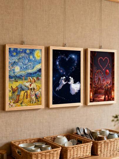3pcs/Set, Unframed, Oil Painting, Space, Astronaut, Love, Ferris Wheel, Countryside | Valentine's Day Decoration Wall Poster, Valentine's Day, Wall Art Gifts Birthday Graduation, Art, Room Decor