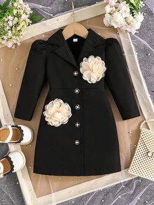 Vestido elegante con cuello bordado para niñas, conjunto formal para ocasiones especiales - Negro - Ver 1