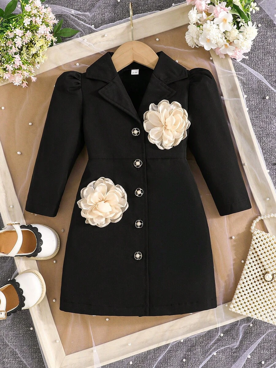 Vestido elegante con cuello bordado para niñas, conjunto formal para ocasiones especiales - Negro - Ver 1