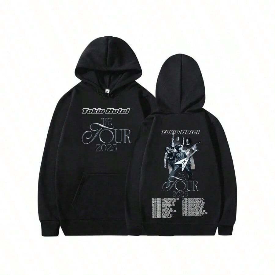 Tokio Hotel 2025 Tour Hooded Sweatshirt - Official Band Merchandise With THOMAS, Gustav, Pascal, Pascal - Men's & Women's Oversized Pullover, Concert Tee For Fans, Machine Washable Black Hoodie With Tour Dates & Band Members Design, German Rock Band Retro Style Casual Hip Hop Sweatshirt For Men & Women, Long Sleeve Pullover With Front Zipper Closure - màu đen - Xem 1
