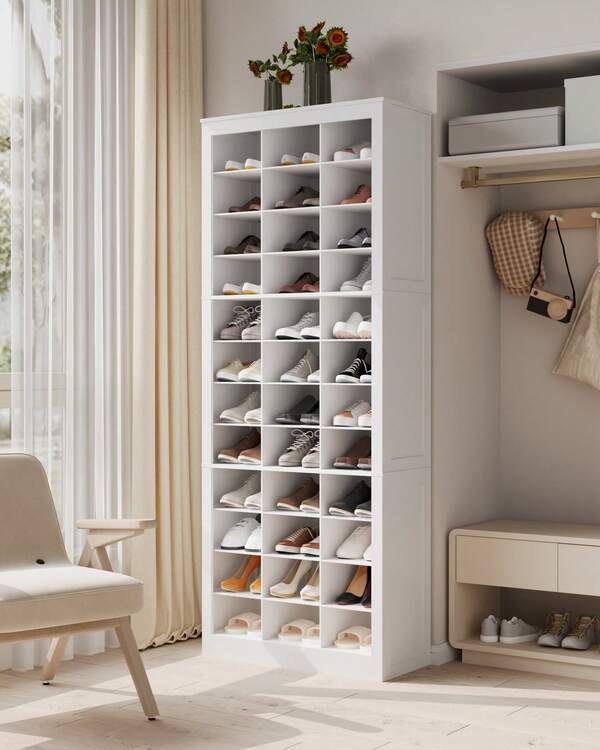 HaluPeit Shoe Storage Cabinet, 36/45 Pairs Free Standing Closet Organizer, 8.8/9 Inch Widened Cell Wood Shoe Organizer, 12/15 Tiers Vertical Space Saving Shoe Rack For Entryway, Bedroom, White