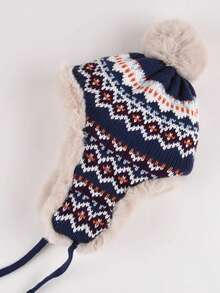 1pc Women's Patchwork Fuzzy Warm Knit Beanie Hat, Autumn/Winter, Suitable For Christmas And Outdoor Use In Winter - Navy Blue - View 5