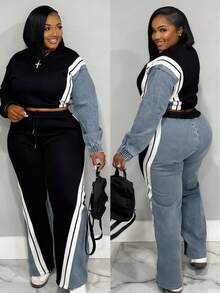 GLOURI Women's Denim Patchwork Co-Ord Set - Matching Jeans Set With Color Block Design | Long Sleeve Tracksuit & Contrast Stitching For Streetwear Athleisure Fall And Winter - 黑色 - 查看 2