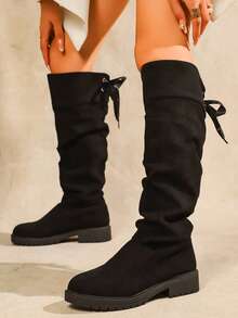 秋冬季加大码女式褶皱系带过膝长靴，粗跟时尚靴，西部风格靴