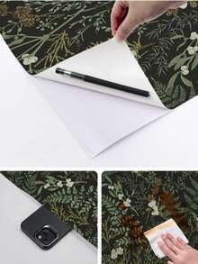 1卷可移除植物花卉图案自粘墙纸，17.7英寸 x 118英寸，深色背景，绿叶白花图案，适用于客厅、卧室和家具翻新，时尚秋季装饰，可爱房间装饰 - 墨綠色 - 查看 10