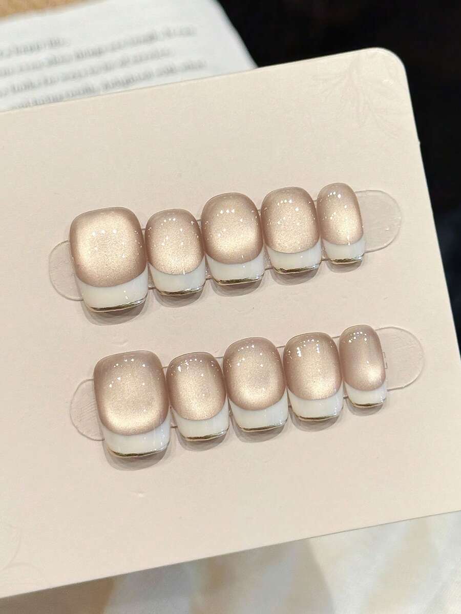 YADORNOS 10pcs Nude Glass Bead Cat Eye Handmade Press On Nails, White Border French Fake Nails, Milk Tea Color Nails, Short Coffin Fake Nails French Nail Tips, With Jelly Glue And Nail File Nail Supplies Handmade Press On Nails - Baby Pink - View 1