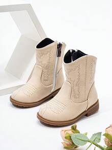 Autumn/Winter Embroidered Totem Boots, New Wear-Resistant Warm Comfortable Flat Western Style Versatile Baby Boots, Fashion Minimalist Side Zipper Short Boots - Apricot - View 4