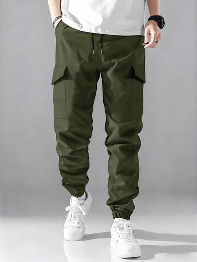男士纯色轻便多口袋工装裤，时尚锥形裤腿，休闲校园风户外徒步裤