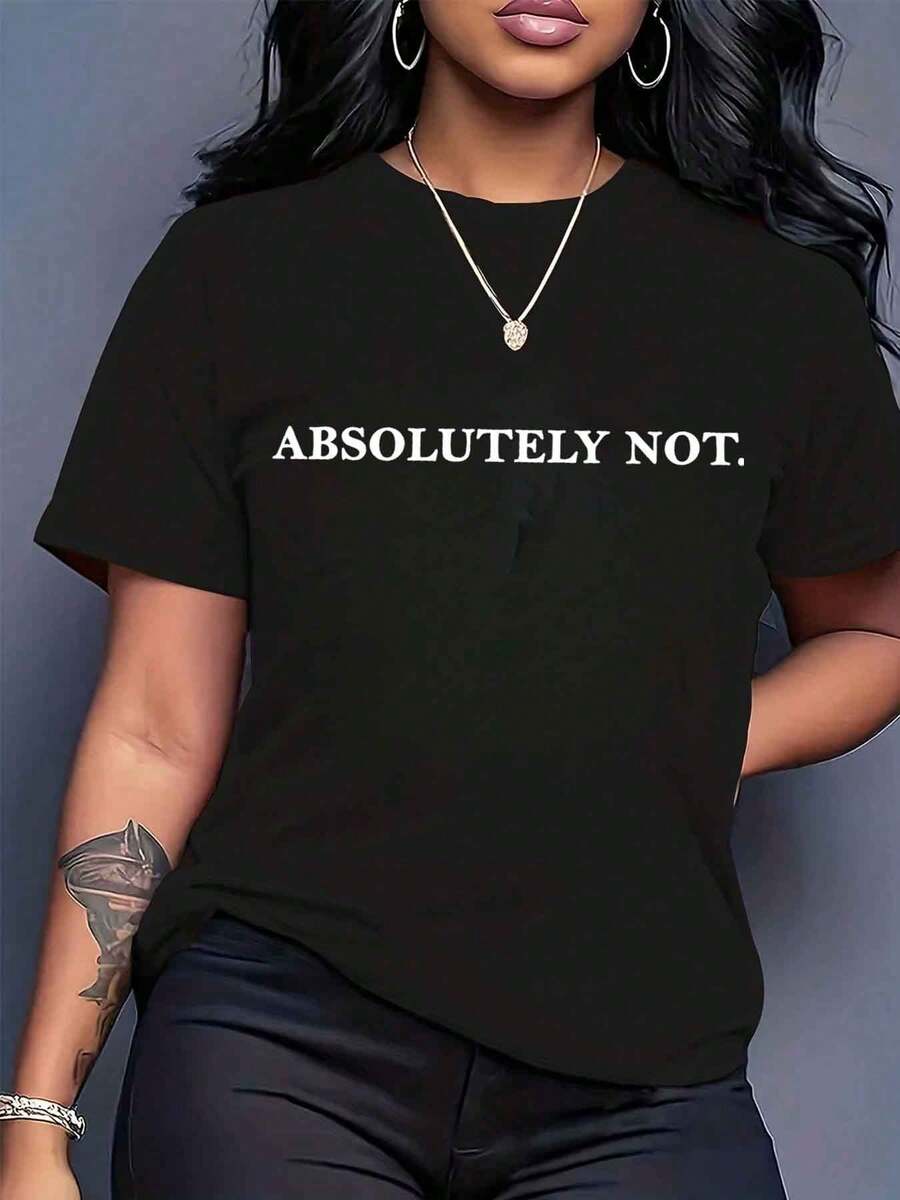 Women T Shirt Absolutely Not Print Short Sleeve Round Neck Casual Everyday Wear 220g - 黑色 - 查看 1