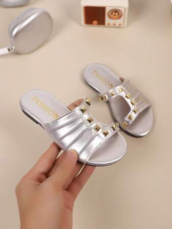 Children's Fashionable Casual Outdoor Comfortable Personalized Anti-Slip Durable Flat Round Toe Open Toe Sandals, Girls Indoor Home Slippers
