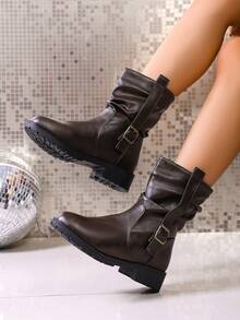 Western Style Buckle Holiday Round Toe Pleated Boots, Vintage Oversized British Style Fashion Versatile Chunky Heel Riding Boots For Women, Autumn/Winter - Brown - View 4