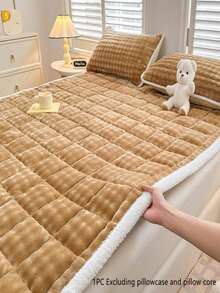 1pc Gray Quilted Mattress Pad, Soft Taffeta Plush Dark Gray Mattress Protector Cover, Minimalist Style Mattress Topper, 4-Corner Elastic Strap Design, Suitable For Spring Mattress, Foldable For Storage, Easy Care, All Season Use - Camel - View 7