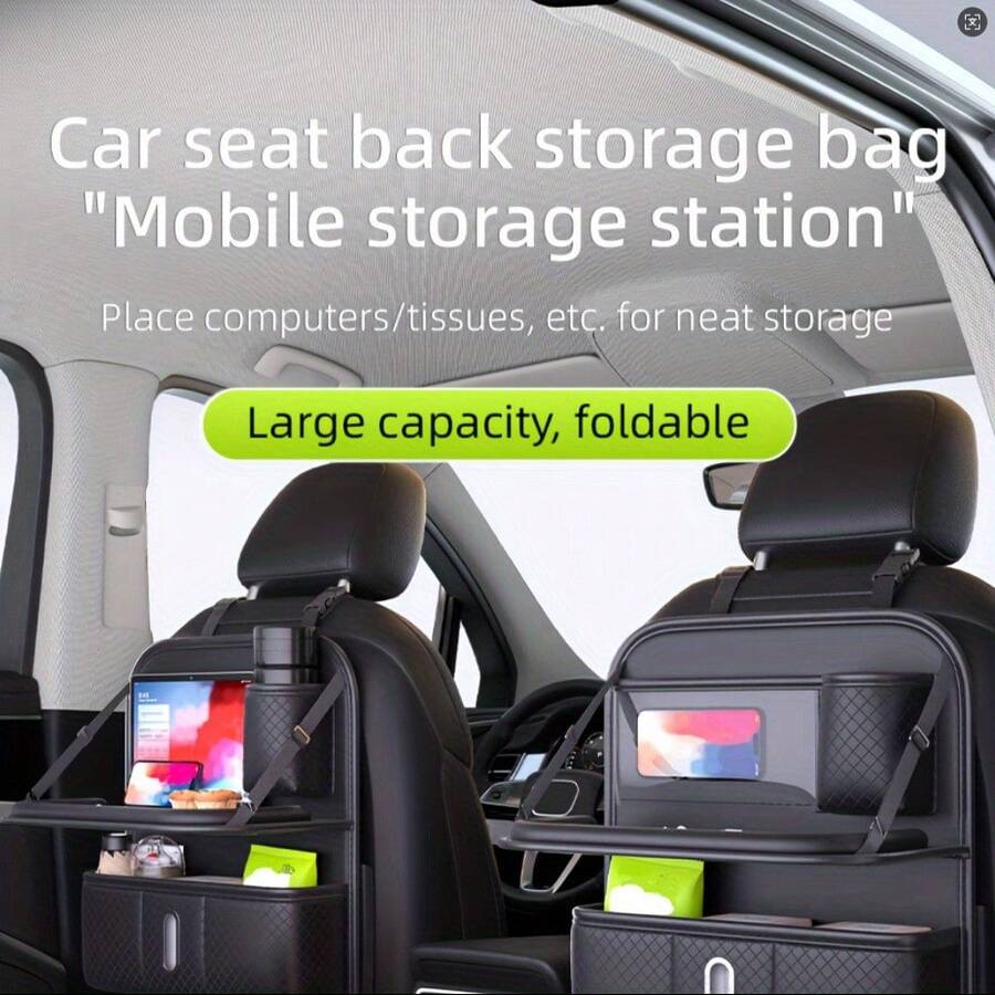Integrated High-End Leather Car Seat Backrest Organizer With Foldable Tray Cup Holder/Tissue Box Storage Bag, Car Seat Backrest Protective Cover, And Foldable Car Seat Storage Bag With Tablet Stand - one-size - View 1