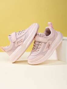 1 Pair Girls' Pink Mesh Breathable Casual Sneakers, Soft Sole Lightweight Running Shoes With Hook And Loop Design, Easy On/Off - Pink - View 6