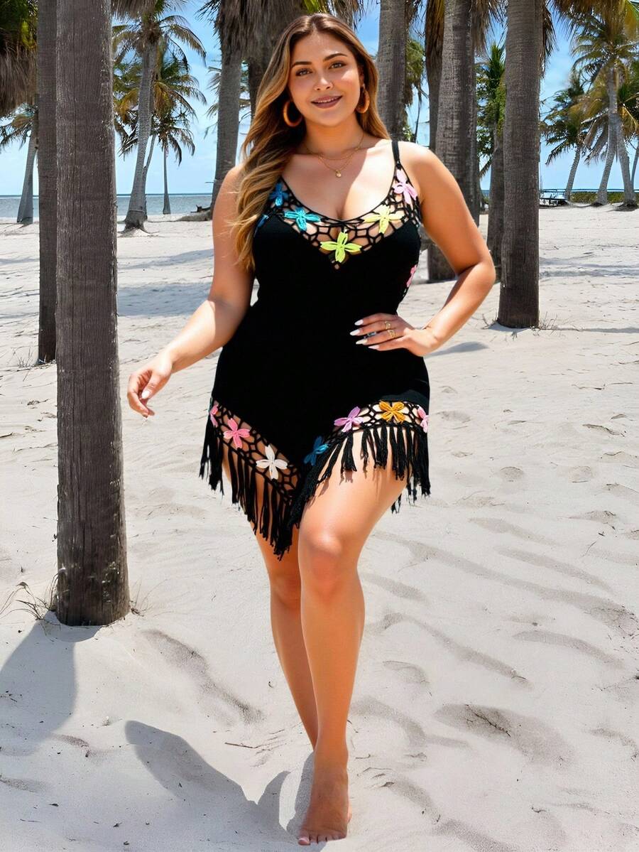 Swim Vcay Plus Size Women's Handmade Crochet & Woven Patchwork Sleeveless Coverup Dress,Skirts ,Suit, Swim,Vacation Outfits Woman For Summer - Black - View 1