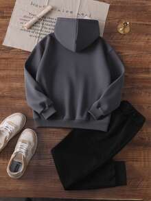 2pcs/Set Tween BoyCasual Letter Print Fleece Pullover Sweatshirt Sweatshirt And Pants Set - Multicolor - View 3