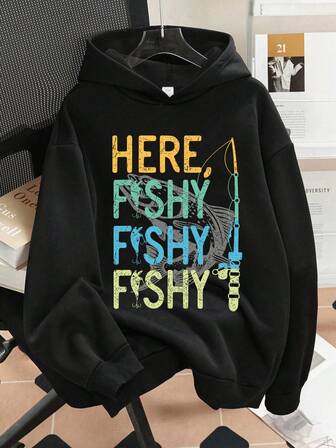 1 Boy, Casual Outdoor Sports Style, With Fishing Print Pattern, Black Long-Sleeved Hooded Pullover, Comfortable And Soft, Suitable For Daily Adventures, New Tops For Autumn And Winter/Young Boys/Tween Boys/Teen Boys