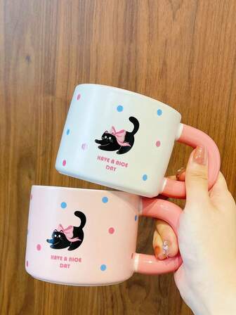 1个波点小猫陶瓷咖啡杯，卡通可爱宠物瓷茶杯，水杯，适合冬季暖手，生日礼物，返校礼物，卧室、厨房、咖啡馆等场所均可使用。