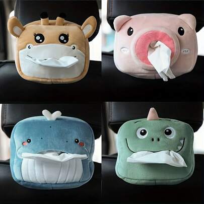 1pc Cute Cartoon Animal Design Plush Tissue Box, Car Seat Back Hanging Tissue Box, Car Interior Accessories, Car Seat Back Tissue Box