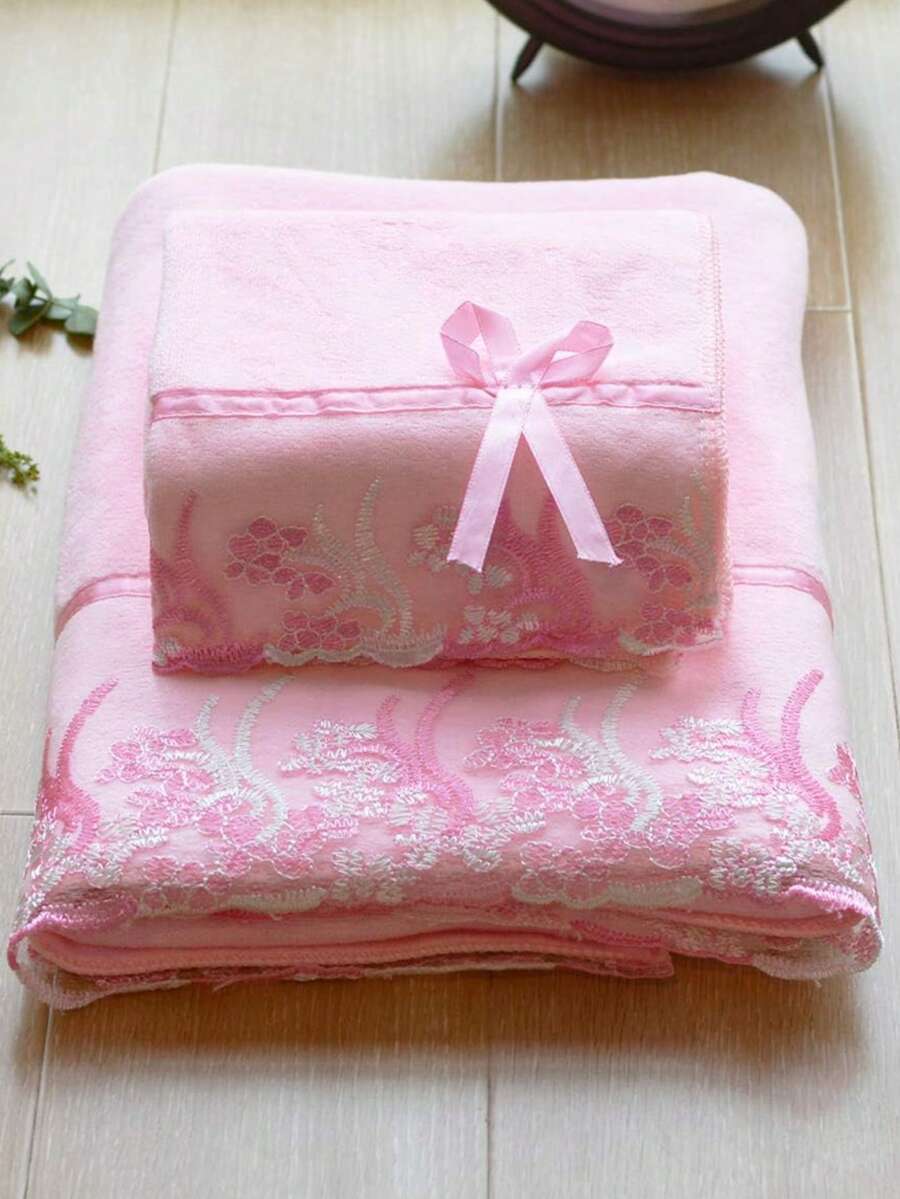 3pcs Lace Towel Set, Adult Super Soft Absorbent Beach Towel, Face & Bath Towel, Embroidered Gift Towel - Multicolor - View 1