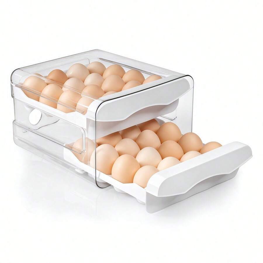 2-Tier Drawer-Style Egg Storage Container, Clear PVC Refrigerator Egg Organizer, Stackable Double-Layer Egg Holder For Fridge, Holds 32 Eggs, Keep Eggs Tidy & Fresh, Space-Saving Design For Kitchen Organization,Clear PVC Egg Storage Bin For Refrigerator, Pull-Out Design For Easy Access, 2-Tier Stackable Structure Stores Up To 32 Eggs, Perfect For Keeping Eggs Organized & Protected In Your Kitchen Premium 2-Tier Egg Storage Drawer, Clear PVC Fridge Egg Organizer With Double-Layer Stackable Design, Space-Saving Egg Holder For 32 Eggs, Ideal For Kitchen Organization & Freshness Preservation, Durable - White - View 1