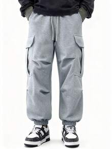男士灰色多口袋抽绳束脚休闲工装裤