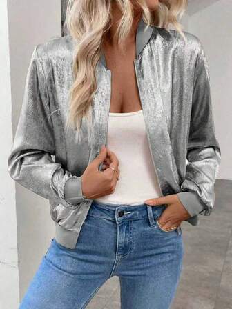 女式常规款纯色拉链棒球夹克