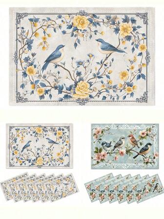 1/4/6pcs Exclusive Linen Placemats, Elegant Vintage Floral & Bird Pattern Design | Bird On Branch |, Tablecloth, Picnic Mat, Table Mat, Kitchen Decor, Home Accents, Fashion Placemats, Non-Slip Heat Resistant Easy To Clean, Home Decor, Gift, Suitable For Kitchen, Dining Room, Countertop, Bar, Living Room, Outdoor, Multipurpose, Soft & Easy To Store