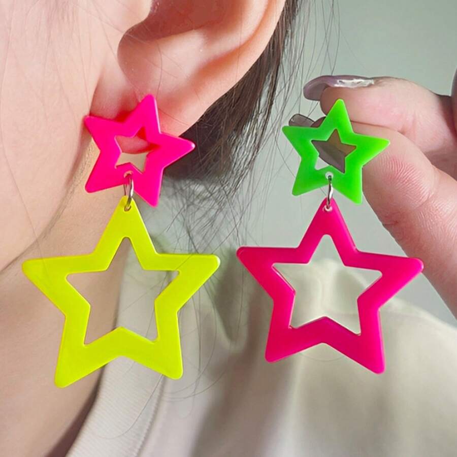 Fashion Hollow Five-Pointed Star Acrylic Earrings European And American Fluorescent Color Star Personality Earrings For Women Suitable For Daily Travel, Outings, Travel Vacations, Gifts For Friends And Family, Perfect Christmas Gift - màu xanh lá - Xem 1