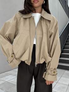 Stylish Loose Solid Color Turndown Collar Short Commuter Jacket For Women - Khaki - View 3