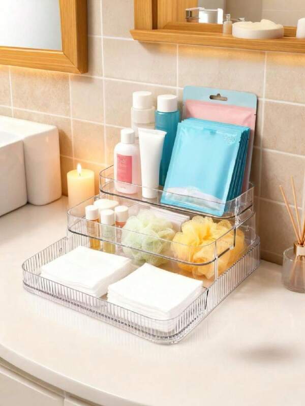1 Acrylic 3-Layer Cosmetics Storage Rack - Transparent Bathroom Dressing Table Rack Without Assembly, Transparent Makeup Organizer - Perfume Display Rack, Bathroom Toiletries Storage Rack, Entrance Door Rack Space-Saving Makeup, Perfume And Nail Polish Organizer